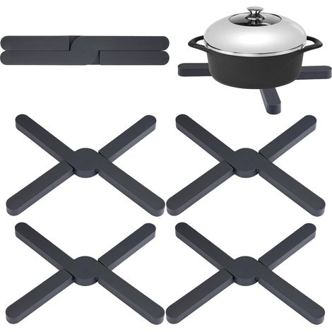 X-förmige, faltbare Untersetzer aus Silikon, 6er-Set (schwarz), 20 cm Abdeckung, hitzebeständig und rutschfest, für Töpfe und Utensilien (1/5)
