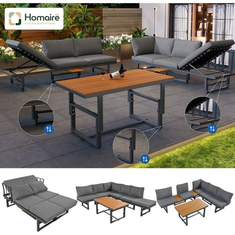 HOMAIRE Set de mobilier de jardin gris 3 pièces avec 2 canapés, table, structure en fer pulvérisé, dossier réglable, bois d'acacia, table réglable et coussins de siège inclus (1/5)
