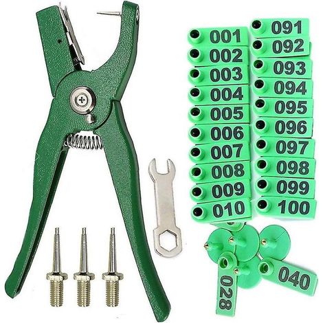 Pince pour étiquettes d'oreille pour animaux d'élevage, avec étiquettes d'oreille numérotées de 001 à 100 (1/3)