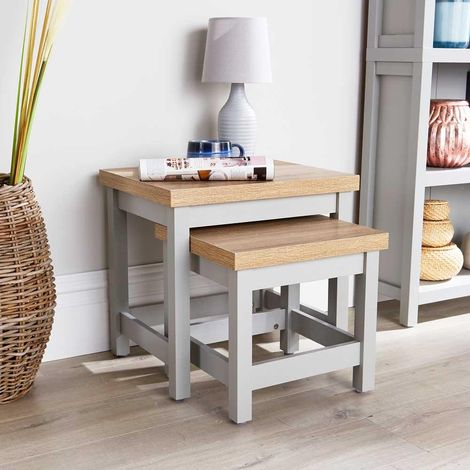 Coffee Nest of 2 Tables Occasional Side End Tables Stackable Avon 36mm Oak Top (1/5)