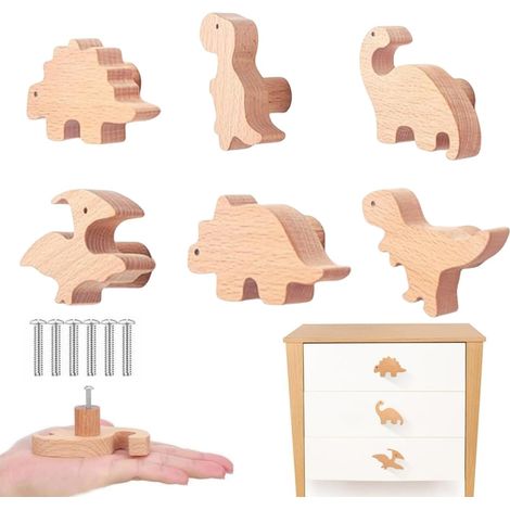 Möbelknöpfe, 6 Stück Dinosaurier-Möbelgriffe, hochwertiges Massivholz mit natürlicher Maserung, schöne Dekoration fürs Kinderzimmer (1/5)