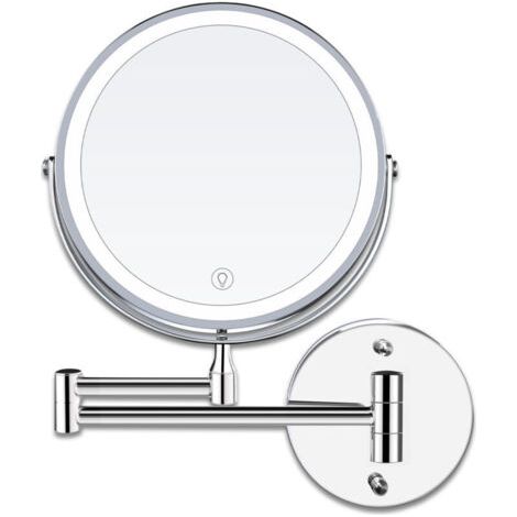 8 Pouces LED Miroirs Maquillage Mural Miroir Grossissant Lumineux, 1x/10x Grossissement Charge USB Réglable à 3 Couleurs, 360°Pivotant Extensible, pour Salles de Bain (1/5)