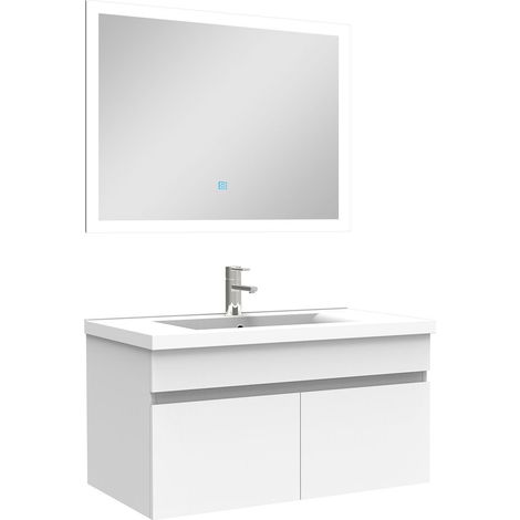 Ensemble Salle De Bain simple vasque 80cm meuble blanc avec miroir lumineux
