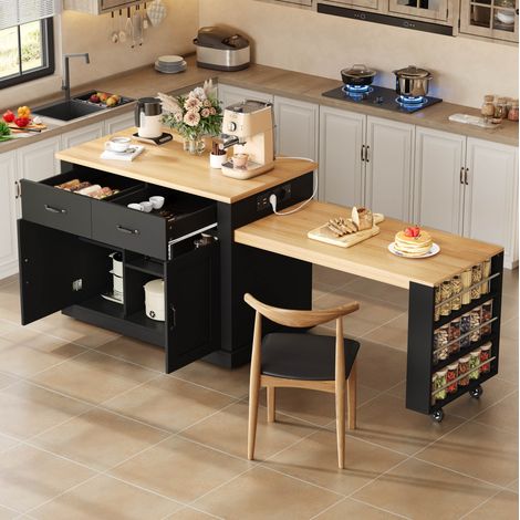 Îlot de cuisine mobile 120x60x93 cm en aggloméré noir, table extensible gain de place – MEUBLIV (1/5)
