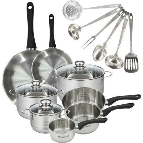Set 2 poêles 20 28 cm 3 casseroles 12 16 20 cm, 3 faitouts 16, 20 et 24 cm en inox et 6 ustensiles inox Fackelmann Geneva (1/5)
