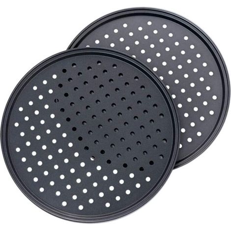(32 1CM) Ensemble de 2 plateaux à pizza noirs, moules à pâtisserie perforés, en acier au carbone antiadhésif de haute qualité avec trous ronds antirouille, adaptés à la plupart des fours de cuisine (1/4)