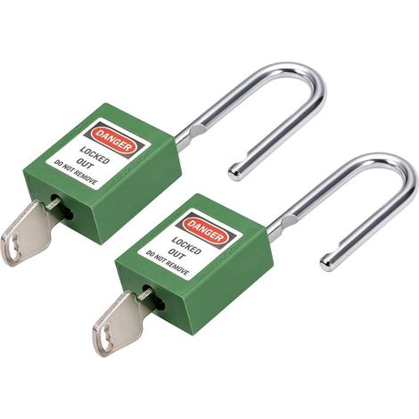 Sicherheitsvorhängeschloss 2er Pack, gleichschließend, Stahlbügel, für Elektro/Hydraulik/Pneumatik, Grün