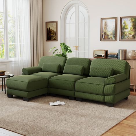 Sofá modular en L de 3 plazas con puff, pana verde, 265 x 161 x 94 cm, REDOM (1/5)