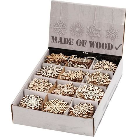 Décorations Noël en bois - 4 designs - 7 cm - 200 pcs - A suspendre