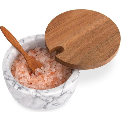 Salière en Marbre avec Couvercle et Cuillère Bois, Bol Blanc Boîte à Sel, Poivrière, Récipient à Épices Moderne, Pour Sel ou Poivre, Sucre, Pot de Conservation pour la Cuisine (1/5)