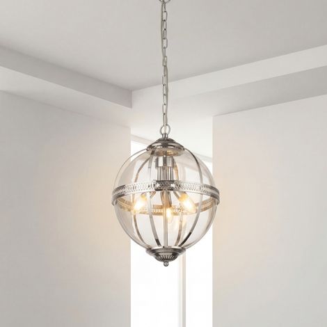 Suspension métal verre Ø 32 cm H : max. 120 cm chromé E14 3 lampes abat-jour sphérique rond Art Nouveau (1/5)