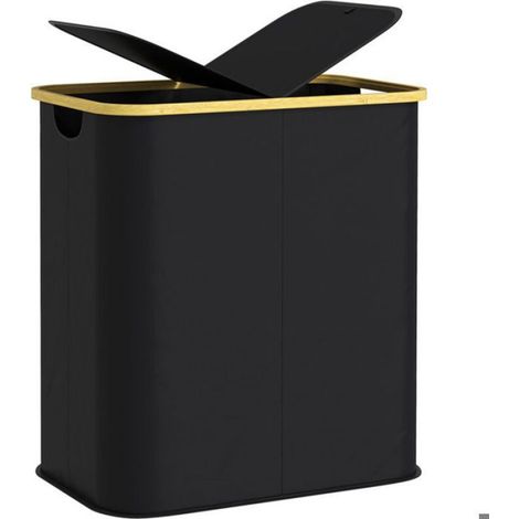 Panier à linge double pliable 80 L corbeille à linge sale avec couvercle, poignées rainurées, noir (1/5)