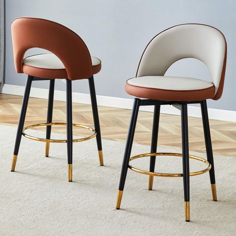 Tabouret de bar pivotant à 360°. Coussins d'assise gris clair et marron, en polyuréthane, confortable