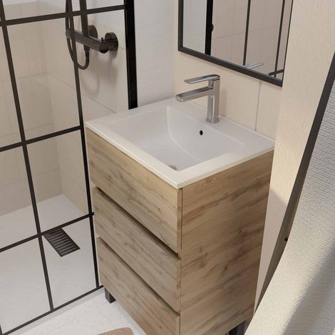 meuble de salle de bains 50 cm timber - décor chêne naturel 3 tiroirs avec vasque blanche — vue 2