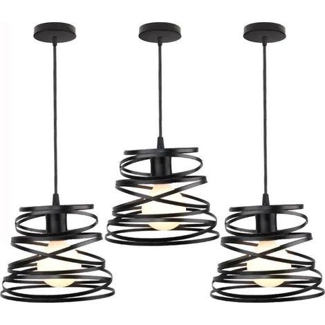 U-Do 3Pcs Lustre Suspension illuminé design Vintage Lampe Cage en Fer Noir E27 Ajustable Lustre décoration pour Escalier Salon (1/4)