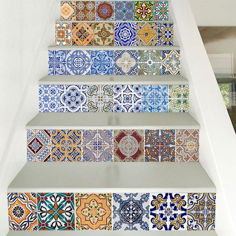 6 Pcs Sticker Carrelage, Sticker Autocollant contremarche Carreaux de Ciment, Stickers Escalier Carreaux Autocollants 3D, Escalier Carreaux de Ciment adhésif, 18cmX100cmX6pcs (1/5)