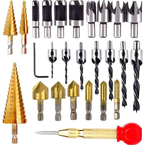AIDUCHO Outils de forage pour le travail du bois, ensemble de forets coniques 6 forets coniques + 7 forets à trois pointes avec clé en L + 8 mèches à bois + 3 forets étagés (1/5)