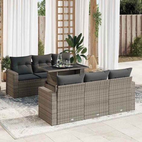 Ensemble Salon de Jardin 7 Places Gris Résine Tressée Table Réglable avec Rangement et Coussins Amovibles (1/5)