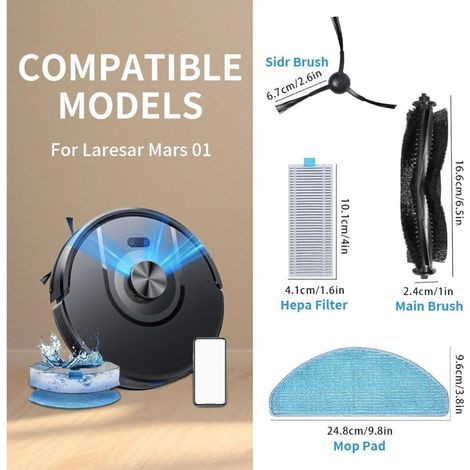 KimSin Accessoires pour Laresar Mars 01 pièces de rechange pour aspirateur robot, brosse rotative + 4 filtres + 4 Chiffon nettoyage + 6 brosses latérales (1/3)
