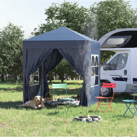 Pavillon pliant 2x2 m avec 4 parois amovibles, 2 fenêtres, 2 portes zippées, acier bleu, pour jardin (1/5)