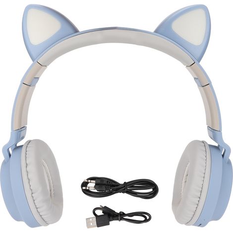 Casque gaming oreilles de chat bleu gris LED lumineuses basses profondes pliable écouteurs mous oreillettes (1/5)
