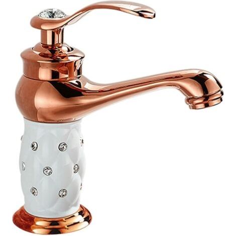 Robinet de lavabo monotrou avec poignée à levier unique, robinet de luxe pour lavabo de salle de bain, robinet d'eau chaude et à eau froide (or rose) (1/5)