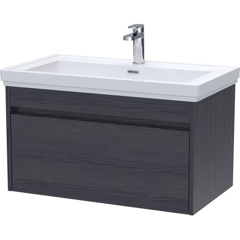 Swainsley Contemporary Wall Hung 1 Drawer Vanity Unit with Traditional 1 Tap Hole Fireclay Basin, 800mm, Graphite Grey Woodgrain