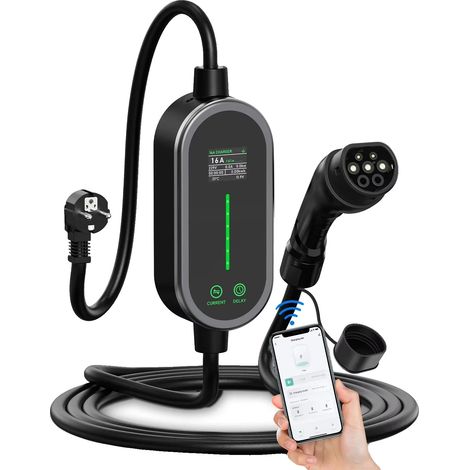 Tragbares Ladegerät für Elektrofahrzeuge, intelligente Steuerung, flexible Stromstärkeregelung, Typ 2, 5 m mit App (1/2)