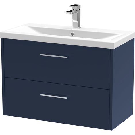 Winshill Contemporary 2 Drawer Wall Hung Vanity Unit with Mid-Edge Basin, Dark Blue, 800mm