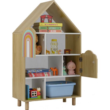 Costway – Bibliothèque enfant en forme de maison – 5 compartiments ouverts et 2 armoires – Système anti-basculement – Pieds en bois massif – 60 x 30 x 103 cm