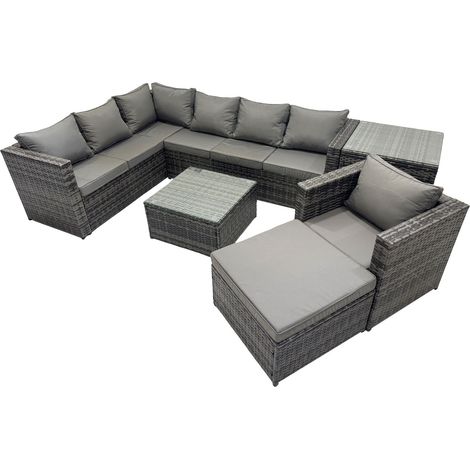 Fimous Rattan Garden Furniture Patio Furniture Sets with Corner Sofa Chair Square Coffee Table Big Footstool Side Table Dark Grey Mixed (1/5)