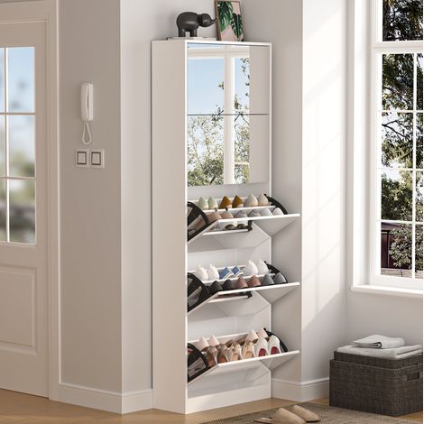 Armario zapatero con espejo de 5 cajones abatibles, doble nivel, MDF, blanco (1/5)