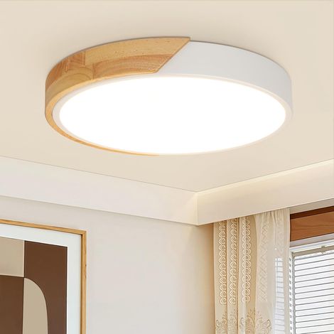 Bois Luminaire Plafonnier LED Rond, 24W Blanc Lampe Plafond Chambre Lampe de Plafond LED 30cm, 4500K Blanc Neutre, 2400LM Moderne Led Plafonnier Intérieur pour Cuisine, Salon, Bureau, Couloir (1/5)
