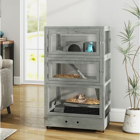 Jaula para hámster enano de madera 65 x 45 x 109 cm, gris, con ruedas OKMYHOME (1/5)