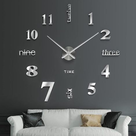3D Horloge Murale, DIY Horloge Murale Digitale, Mouvement Silencieux, Horloge Murale Design Moderne, Horloge Murale Geante pour Chambre Cuisine Salon (60-120 cm), Argent (1/5)