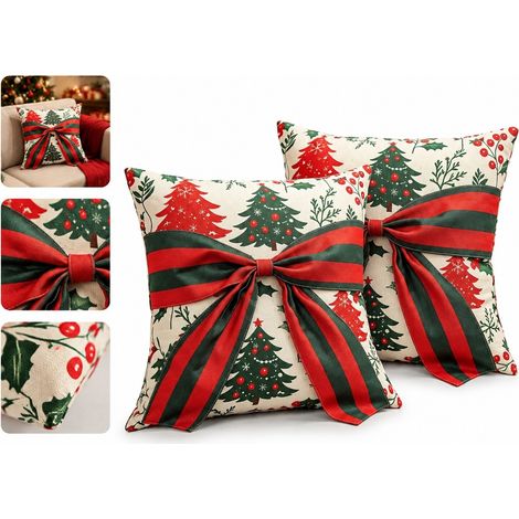 2 Pcs Housses Coussin Noel Sapin Noeud Papillon Polyester 45 x 45 cm Sans Remplissage Sofa Canape Deco Fete Hiver Confortable (1/5)