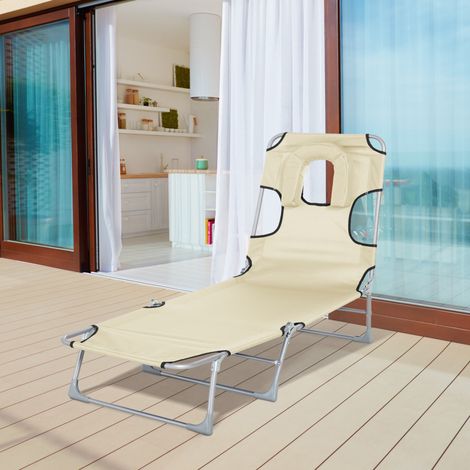 Lettino da giardino reclinabile e pieghevole Outsunny con foro per la lettura, poggiatesta e schienale regolabili in 5 posizioni per la spiaggia, 182x56x28 cm, beige