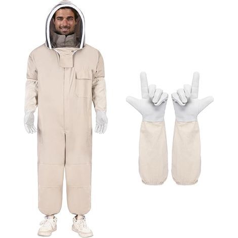 Combinaison d'apiculteur unisexe couleur abricot, résistante aux piqûres, comprenant des gants d'apiculteur et un masque facial (XXL). (1/5)