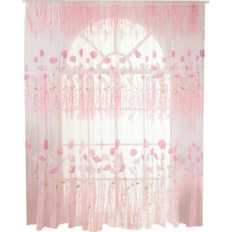 Rideau en Voile/Tulle à Motif Floral en Polyester - Décoration pour Chambre ou Salon (Rose)