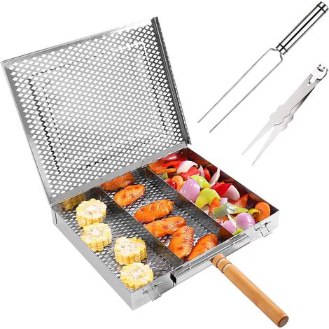Panier À Griller Pliable avec Poignées Réglables Maille Fine pour Une Cuisson Uniforme du Poisson, des Légumes Et De La Viande – Idéal Le Camping, Les Pique-niques Barbecues,A - A (1/5)