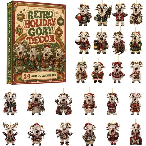 Retro-Adventskalender mit Ziegenfiguren – 24 flache 2D-Acryl-Anhänger – Weihnachtskalender mit Countdown bis Weihnachten – dekorativer Christbaumschmuck – originelles Weihnachtsgeschenk (1/5)