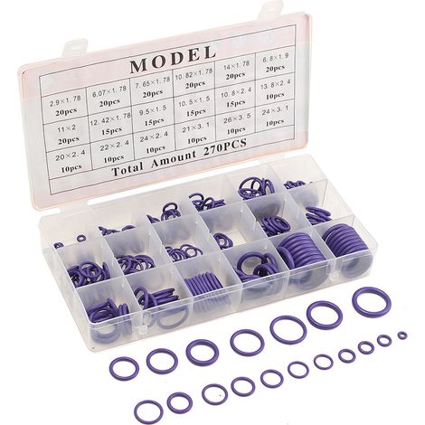 Kit de 270 joints toriques en caoutchouc pour climatisation automobile R134A, comprenant des rondelles et des joints toriques, le tout dans une boîte en plastique. (1/5)