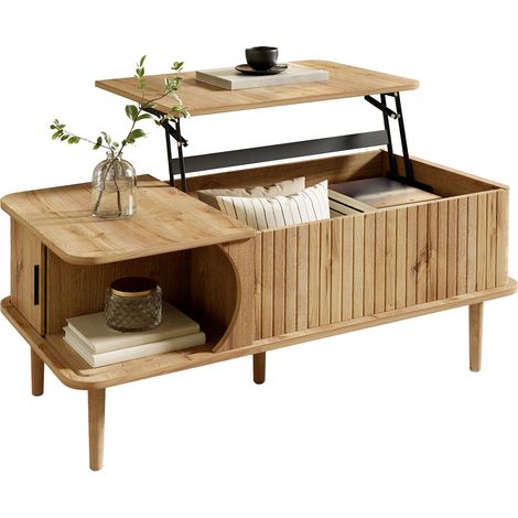 Table basse relevable avec rangement et porte coulissante, style rétro moderne, MDF bois naturel (1/5)