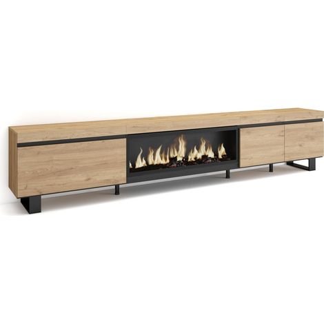 Skraut Home – Meuble TV avec cheminée électrique LED – Grand rangement 288x57cm – Style industriel chêne et noir – Effet de feu 3D (1/5)