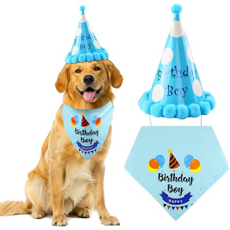 Bandana de chien d'anniversaire, avec chapeau d'anniversaire de chien, ensemble de décorations d'anniversaire de bandana triangulaire de coton de chapeau de fête de bandana de chien-Fei Yu (1/5)