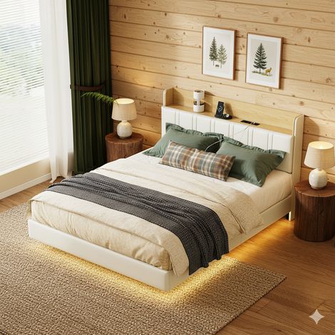 Bett 140 x 190 cm – Hängebett – LED-Bettrahmen mit Lattenrost und Kopfteil mit Stauraum und Ladeanschluss – PU weiß und Eiche