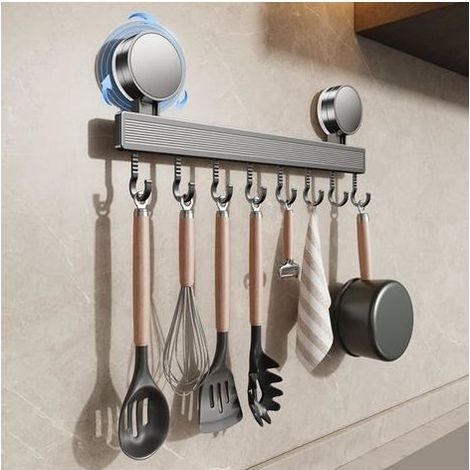 barre à crochets cuisine sans perçage avec ventouse, support amovible pour ustensiles,Barre Ustensile acier inoxydable, 8 crochets (1/4)