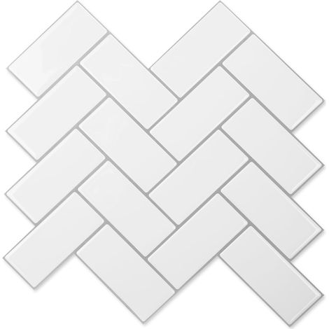 Lot de 10 Autocollant mural 3D,Pour carrelage à chevrons Pour cuisine,salle de bain, Étanche,Blanc avec joint gris,Plus épais (1/5)