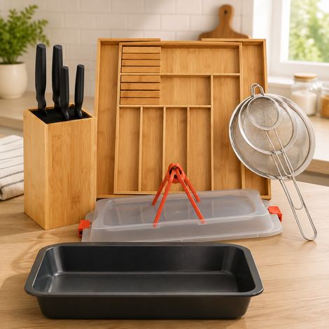 Set da forno in bambù (4 pezzi) – Contenitore per torte, portacoltelli, setacci e vassoio portaposate (1/5)