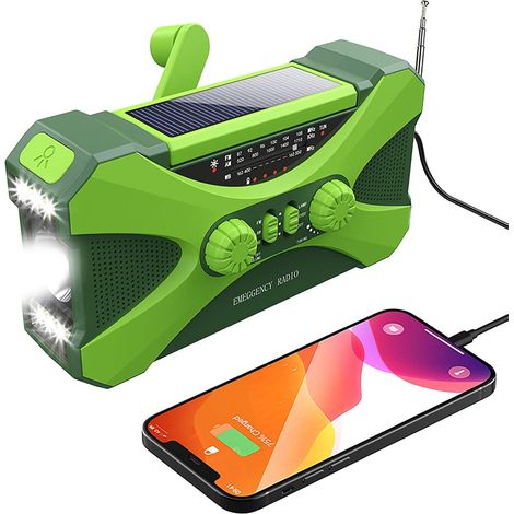 Radio solaire 10000mAh, manivelle, lampe torche LED, alarme SOS, chargeur de téléphone, idéale pour les urgences et les activités de plein air.